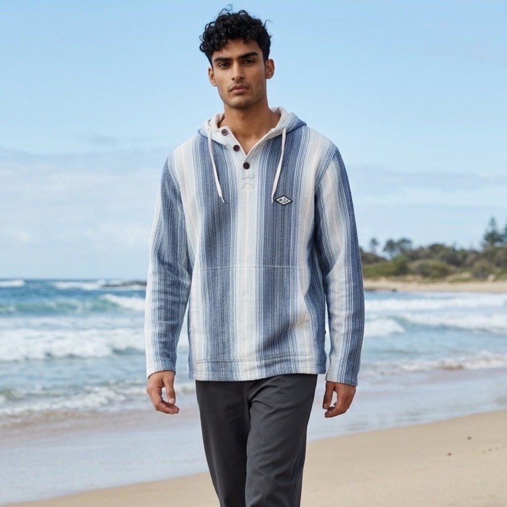 Billabong Mens Blue White Striped Baja Hoodie Pullover Henley M Surf Skate Beach